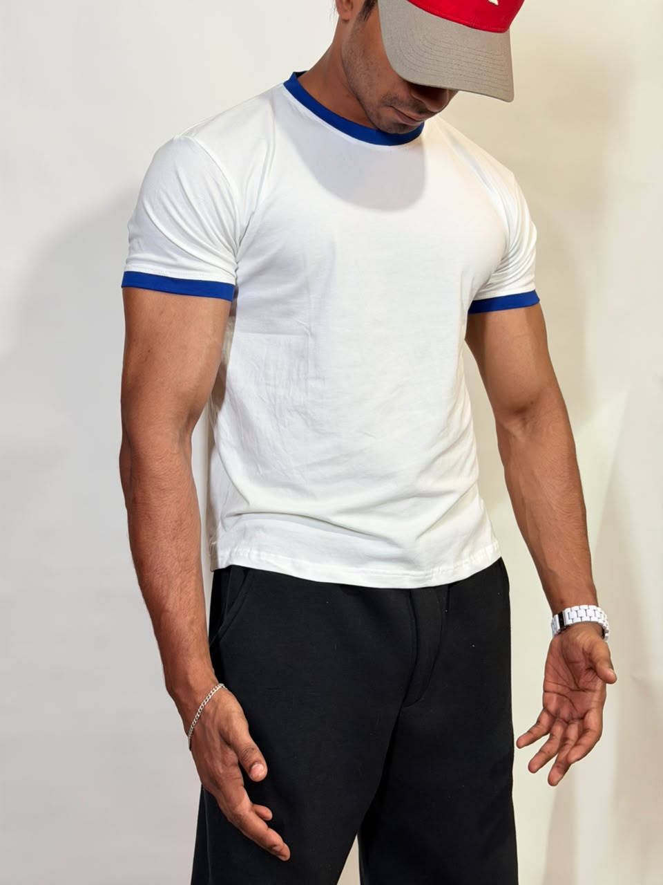 White & Blue Ringer ( Cropped ) Tee for Men