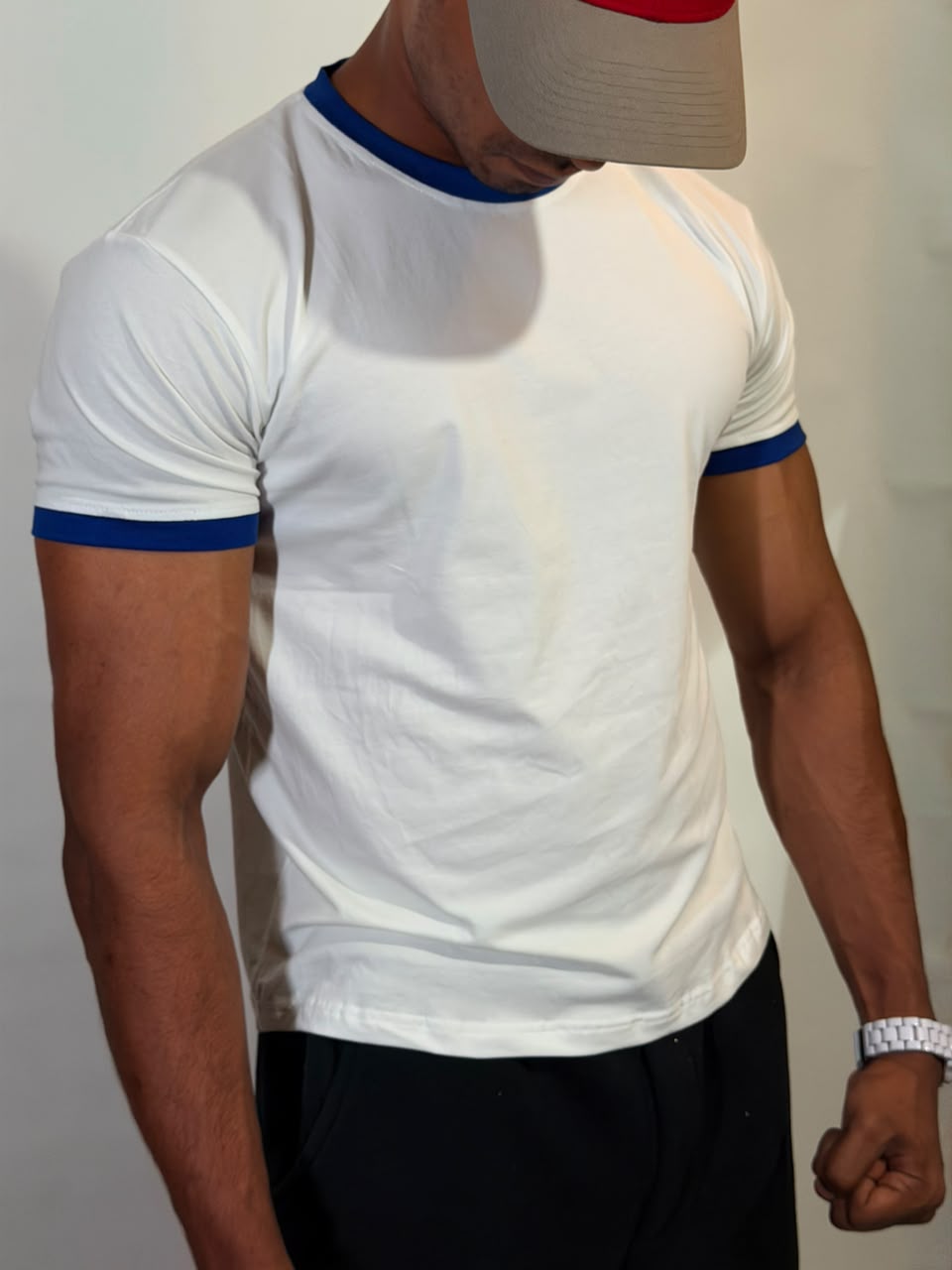 White & Blue Ringer ( Cropped ) Tee for Men