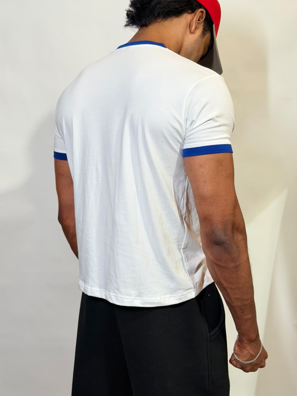 White & Blue Ringer ( Cropped ) Tee for Men