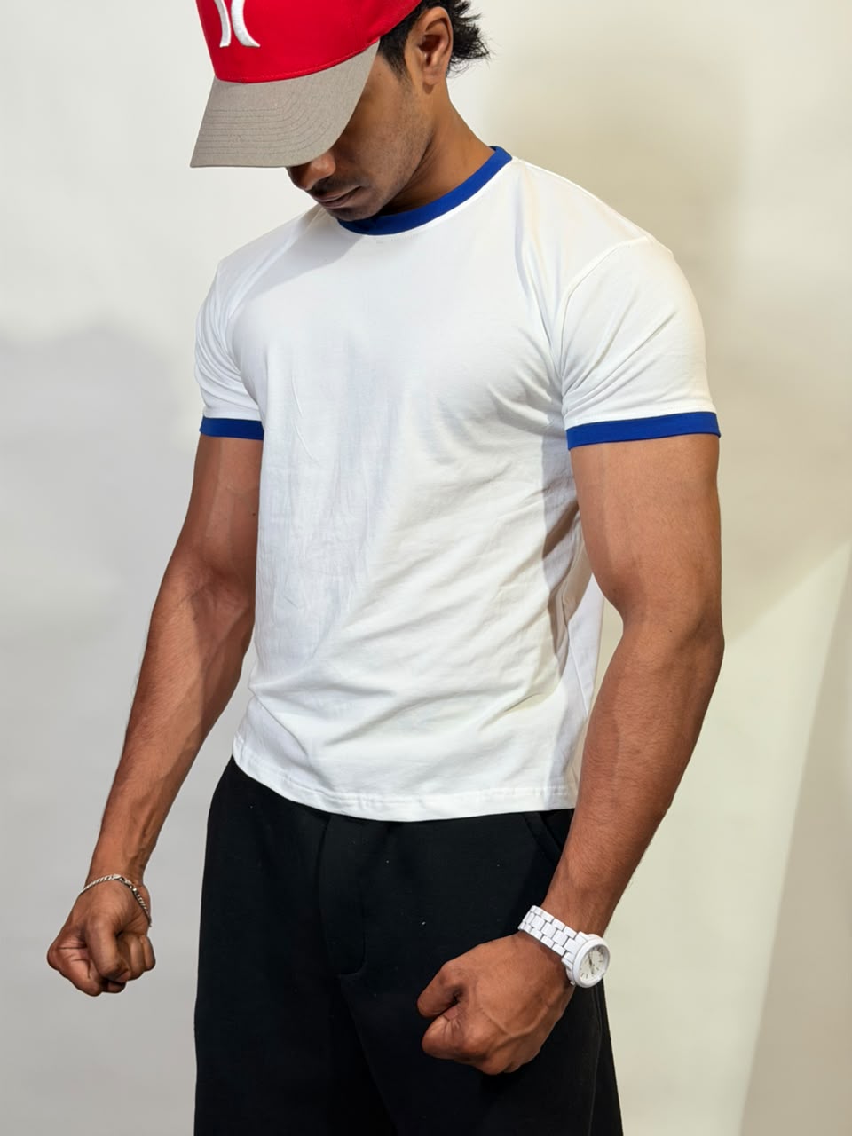White & Blue Ringer ( Cropped ) Tee for Men