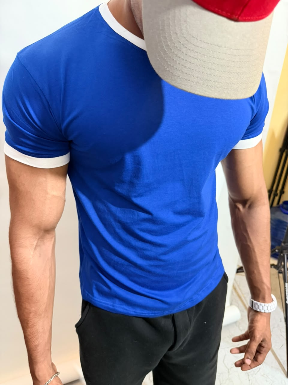 Blue & White Ringer ( Cropped )Tee for Men