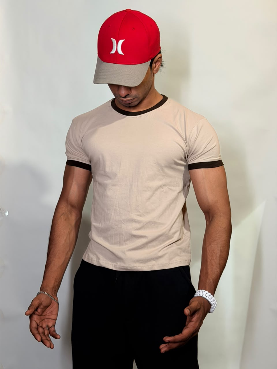 Beige & Brown Ringer ( Cropped ) Tee for Men
