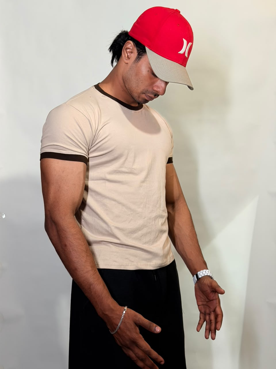 Beige & Brown Ringer ( Cropped ) Tee for Men