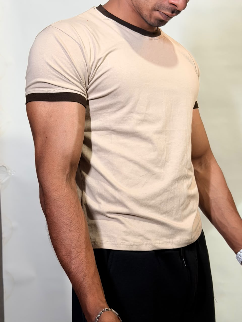 Beige & Brown Ringer ( Cropped ) Tee for Men