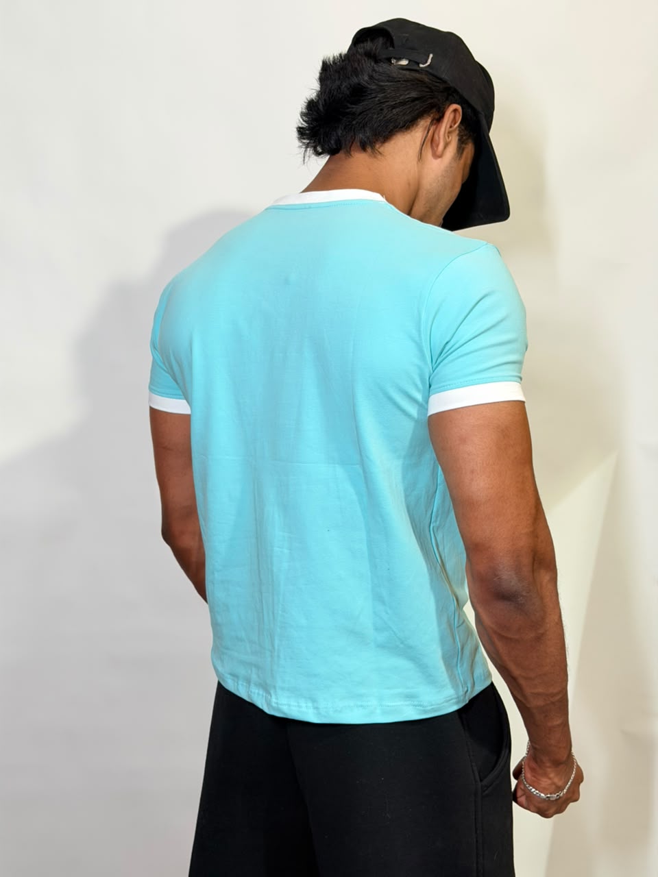 Sky Blue & White Ringer ( Cropped ) Tee for Men