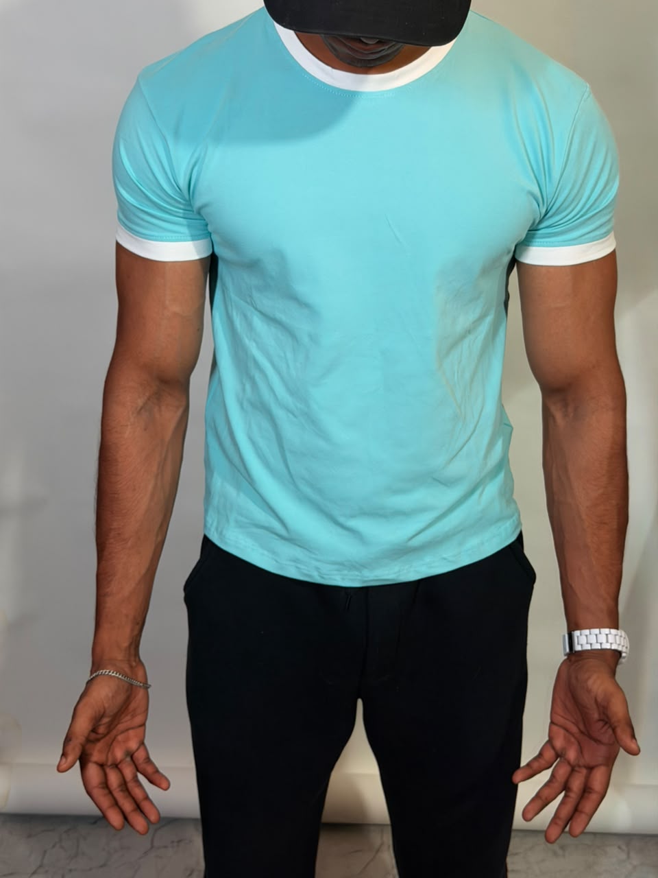 Sky Blue & White Ringer ( Cropped ) Tee for Men