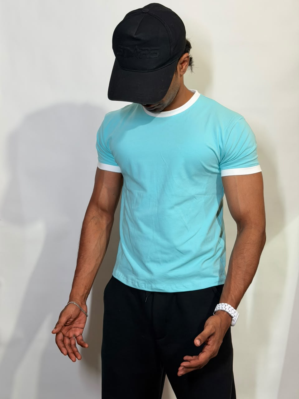 Sky Blue & White Ringer ( Cropped ) Tee for Men
