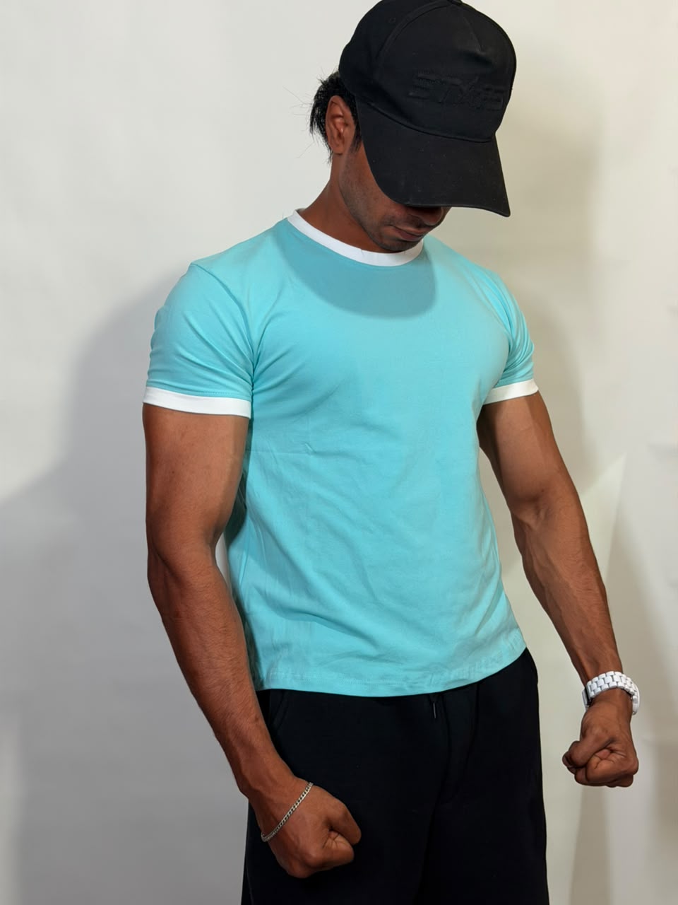 Sky Blue & White Ringer ( Cropped ) Tee for Men