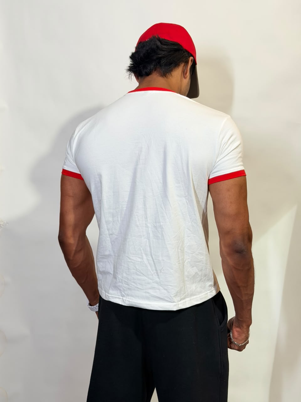 White & Red Ringer ( Cropped ) Tee for Men