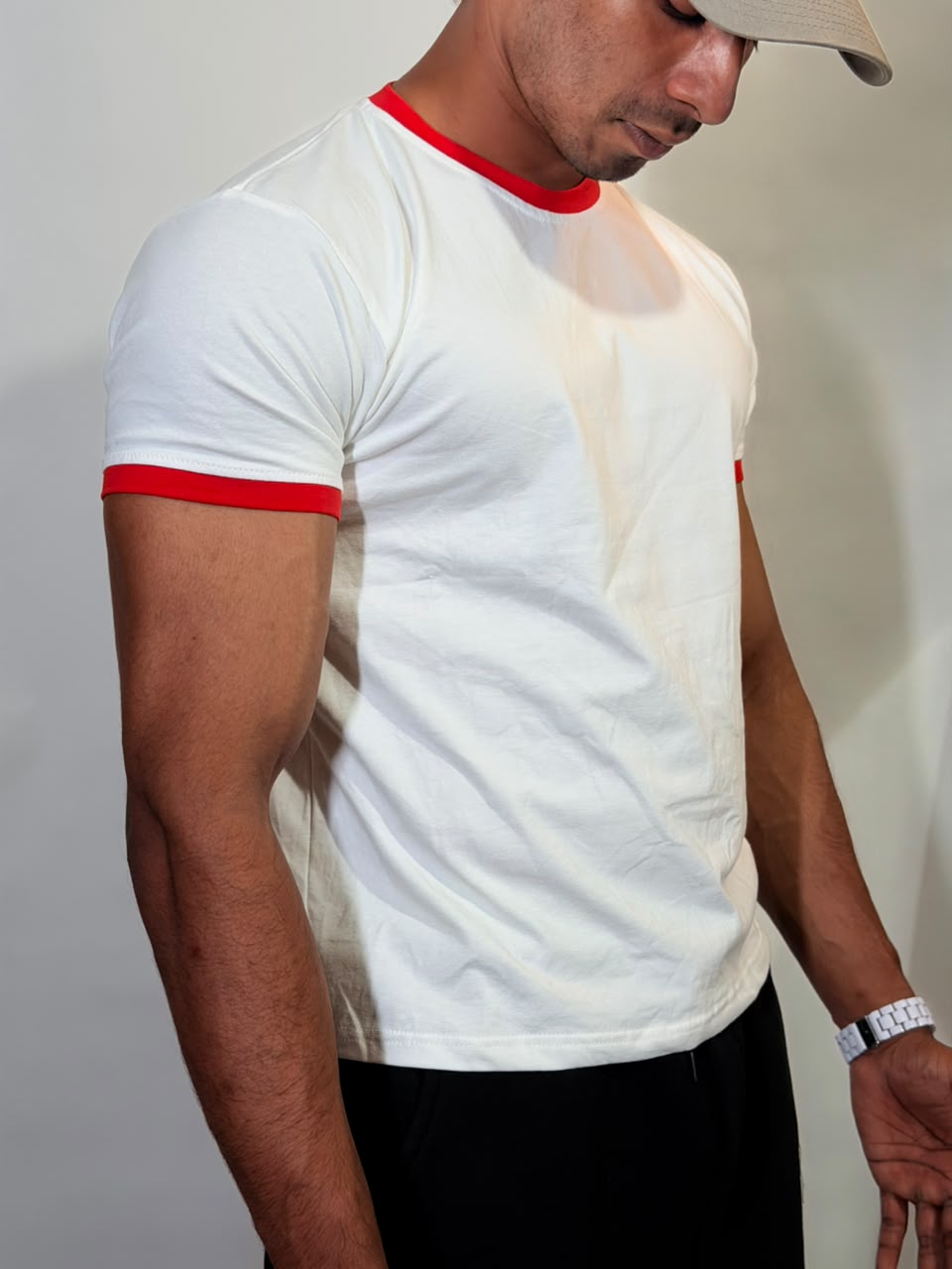 White & Red Ringer ( Cropped ) Tee for Men