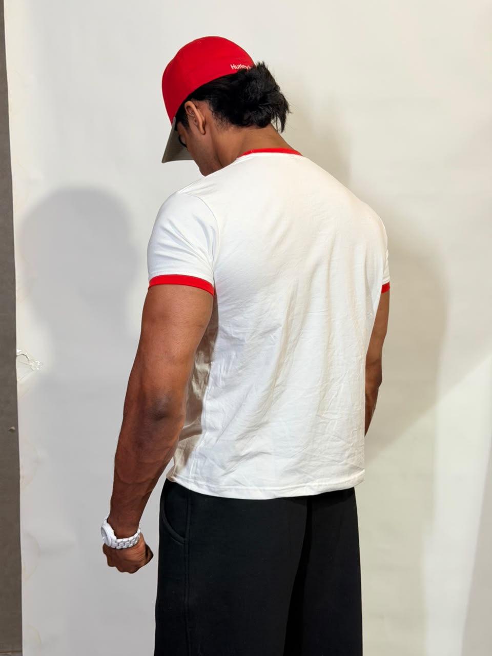 White & Red Ringer ( Cropped ) Tee for Men