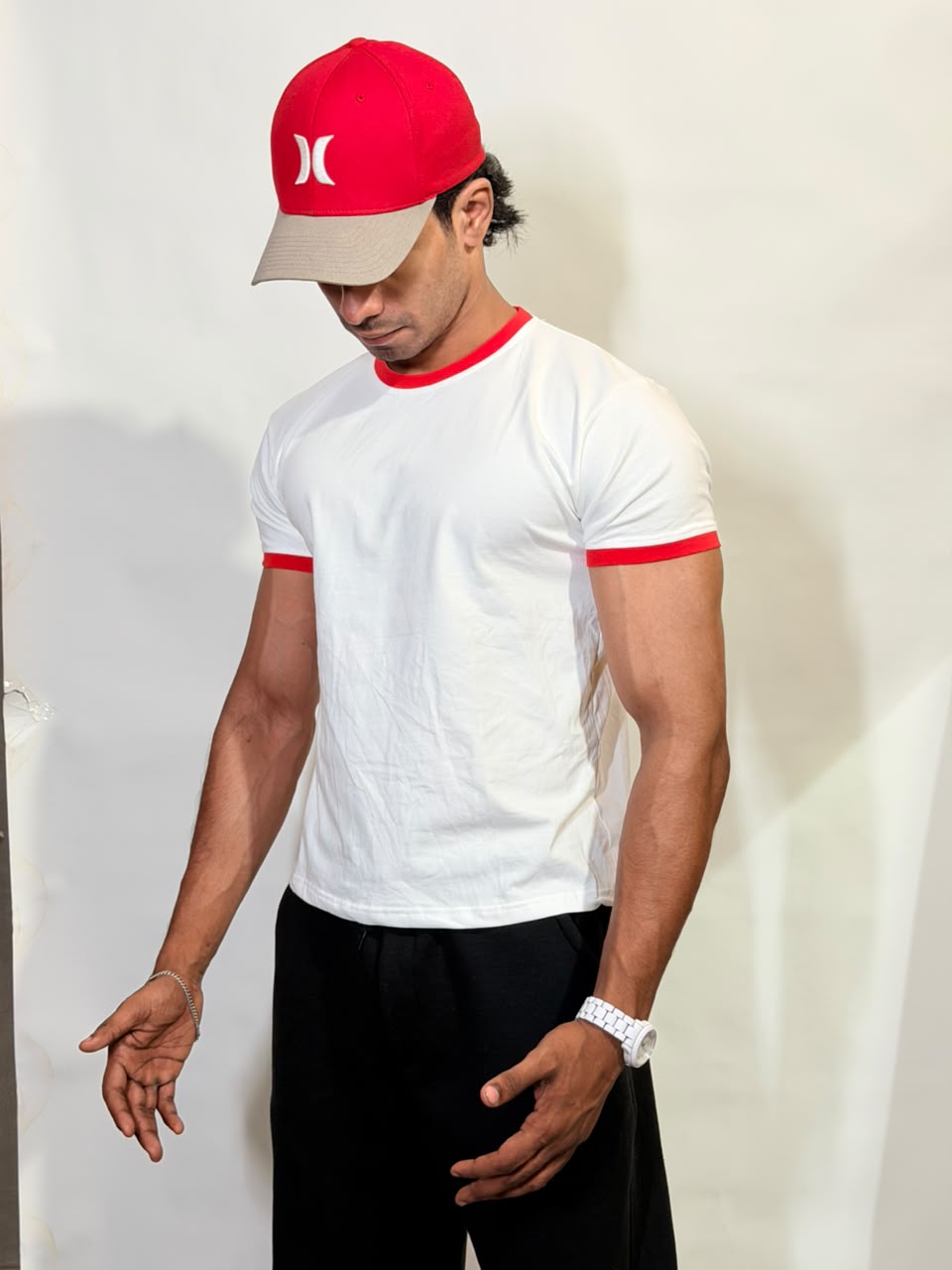 White & Red Ringer ( Cropped ) Tee for Men