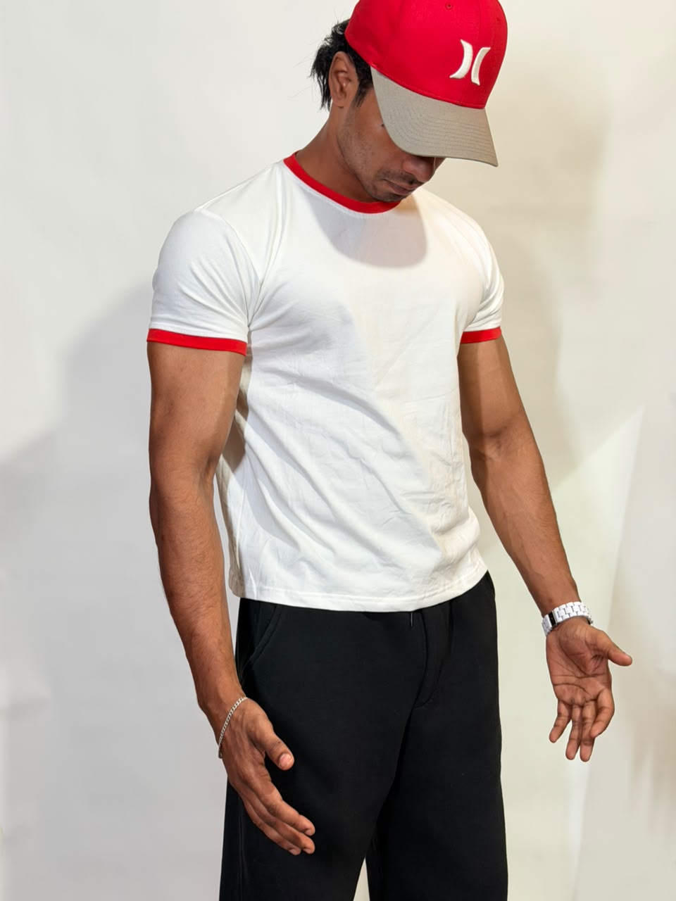 White & Red Ringer ( Cropped ) Tee for Men