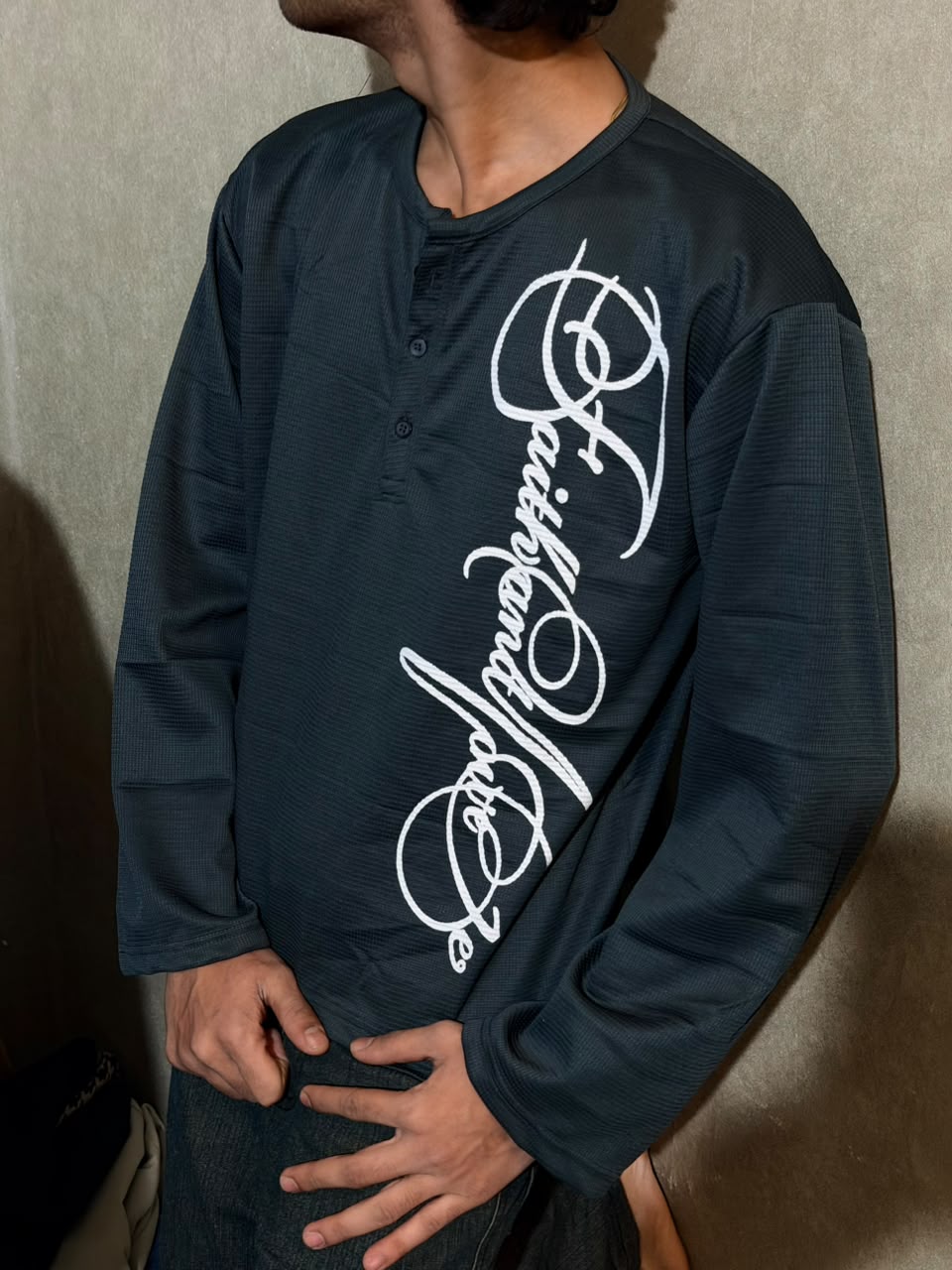 Dark Grey Signature Print Waffle Henley