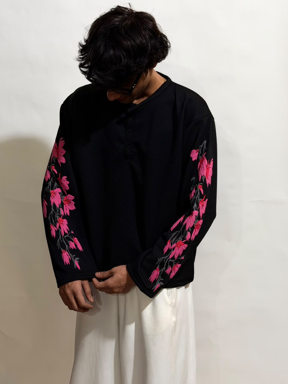 Black Floral Waffle Henley T-Shirt