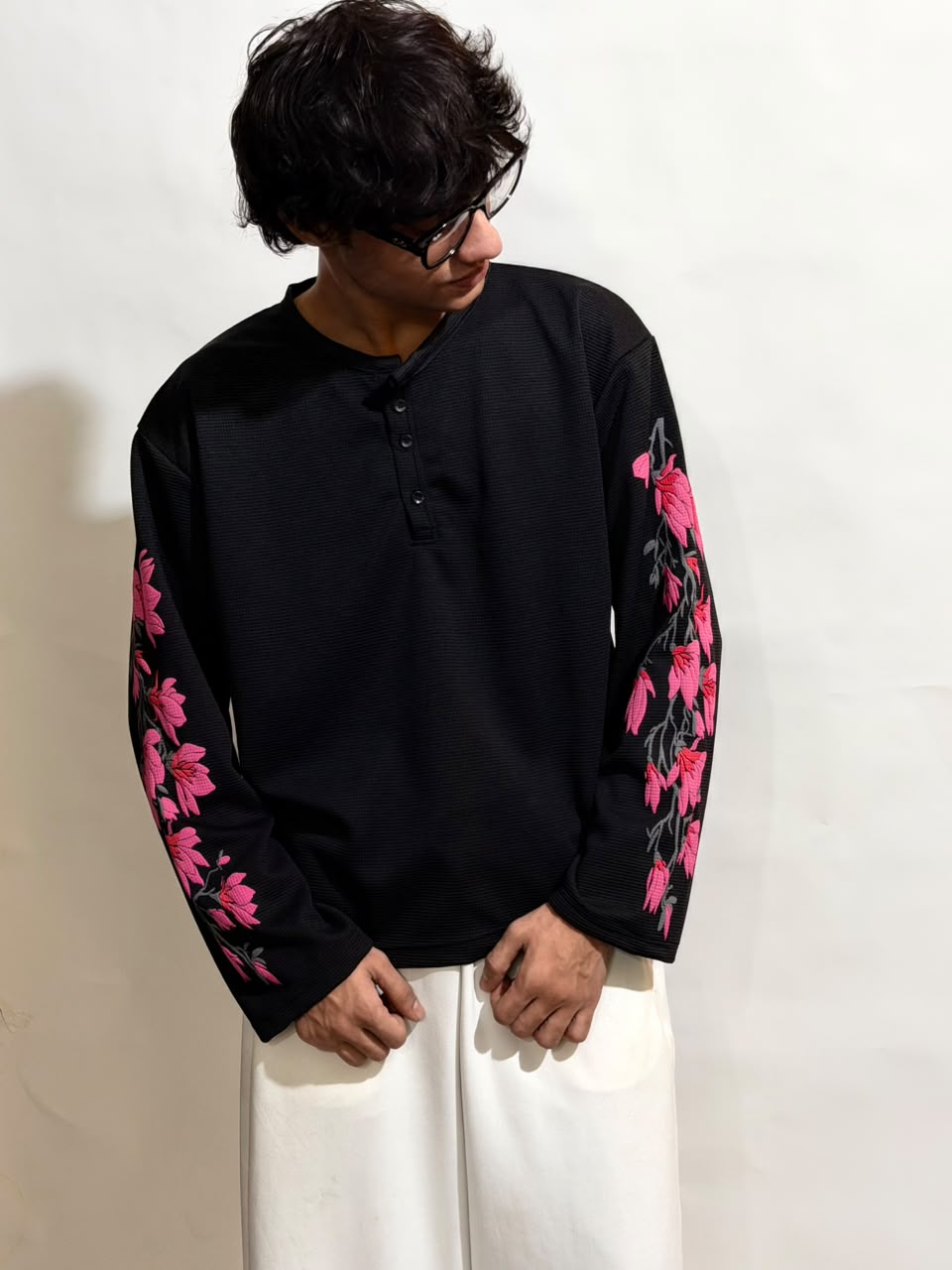 Black Floral Waffle Henley T-Shirt