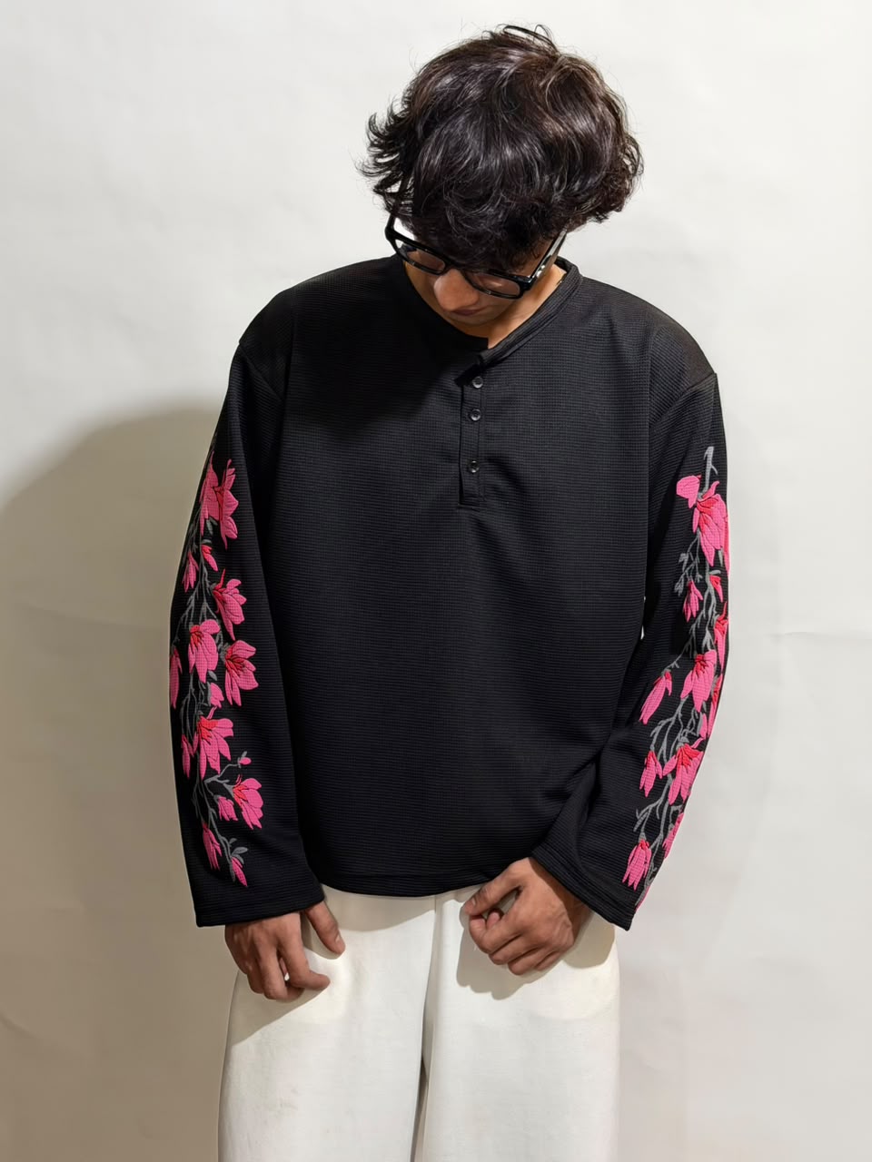 Black Floral Waffle Henley T-Shirt