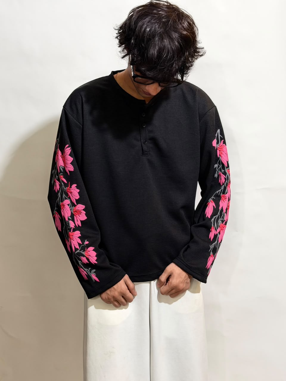 Black Floral Waffle Henley T-Shirt