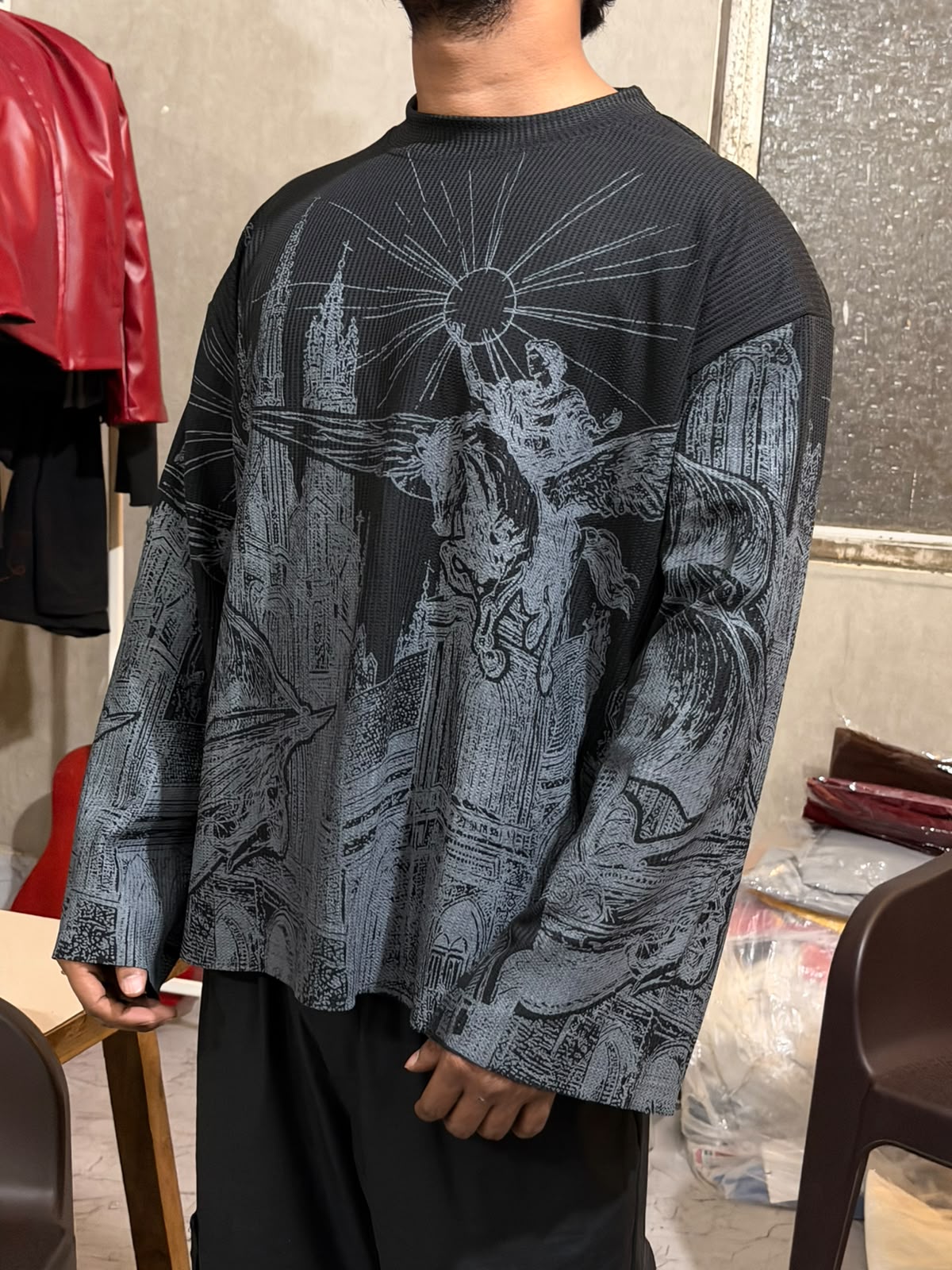 Midnight Black Gothic Ink Waffle Boxy Fit