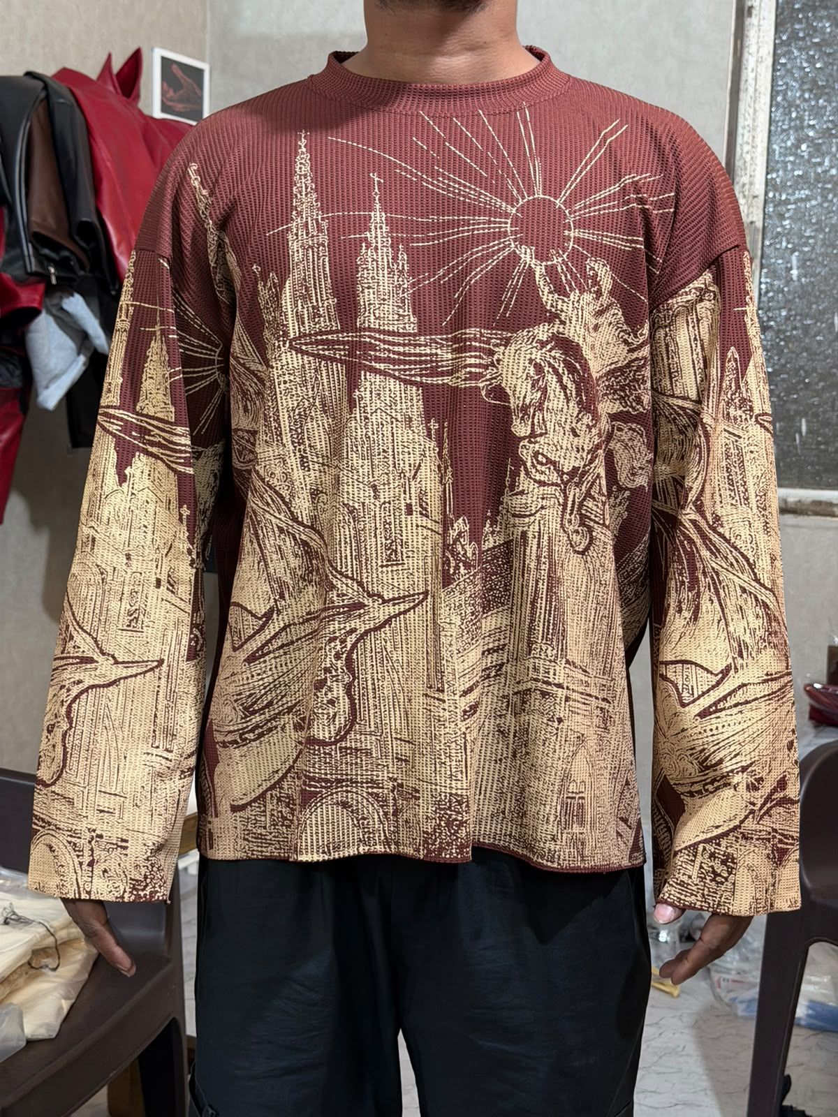 Luxury Maroon Gothic Ink Waffle Boxy Fit