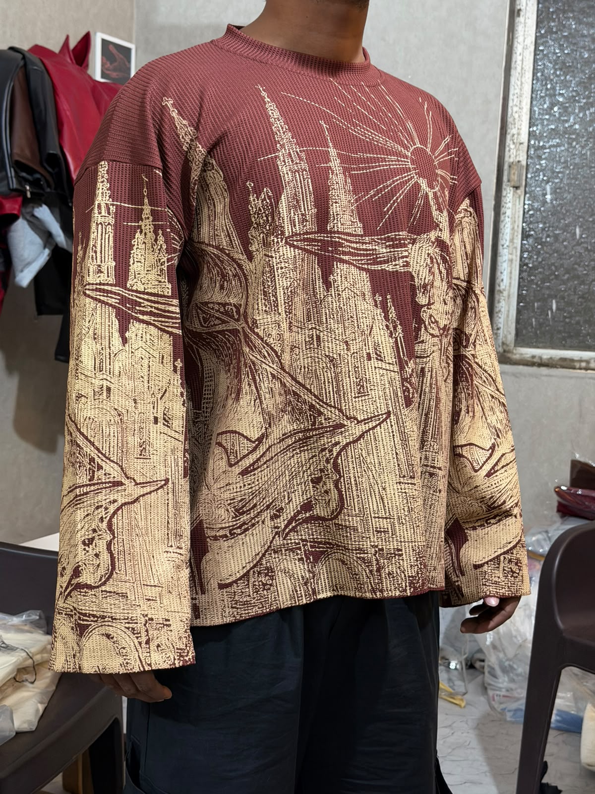 Luxury Maroon Gothic Ink Waffle Boxy Fit