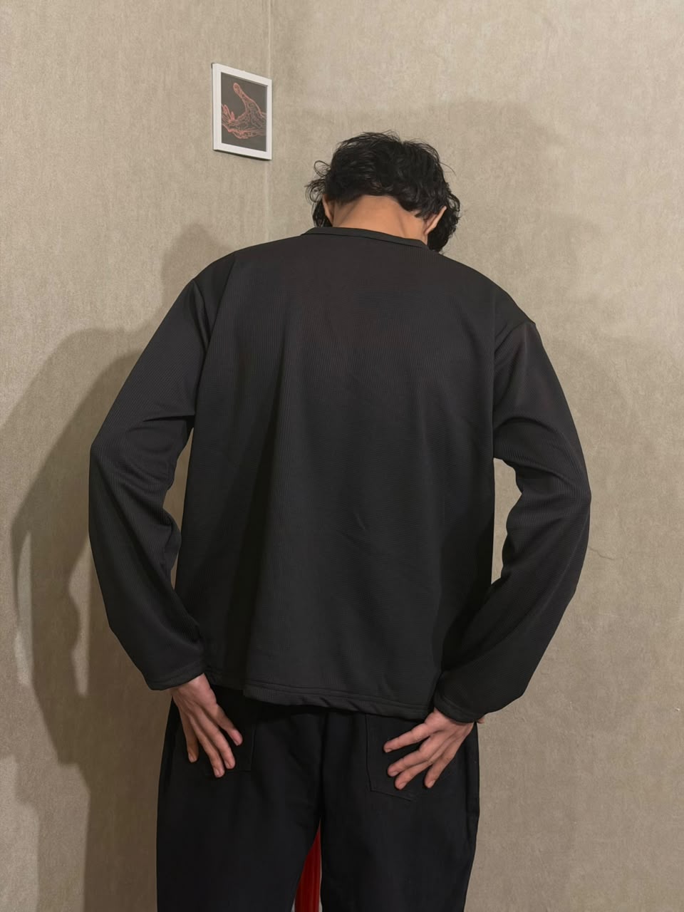 Black Waffle Henley T-Shirt for Men – Oversized Boxy Fit