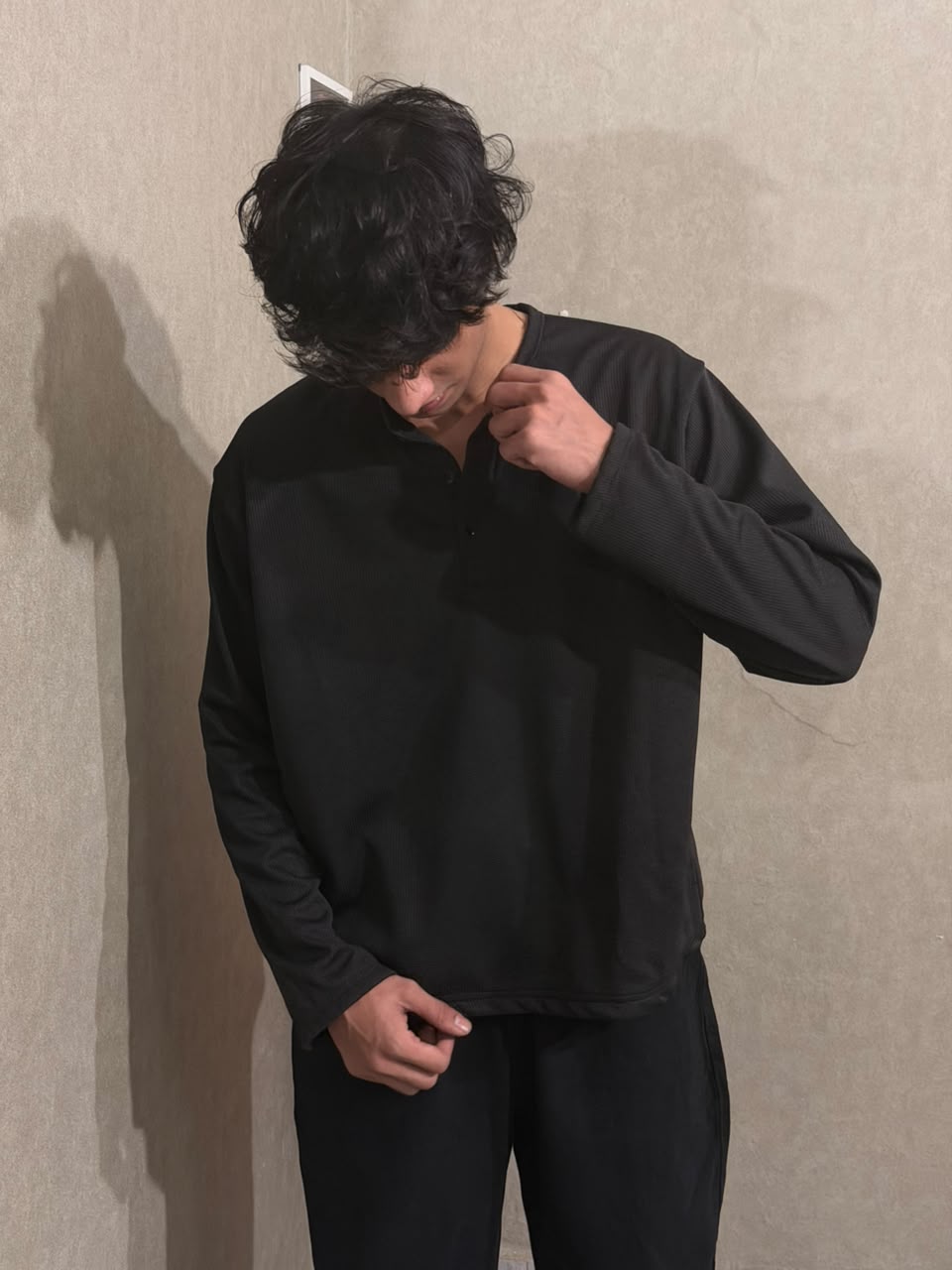 Black Waffle Henley T-Shirt for Men – Oversized Boxy Fit