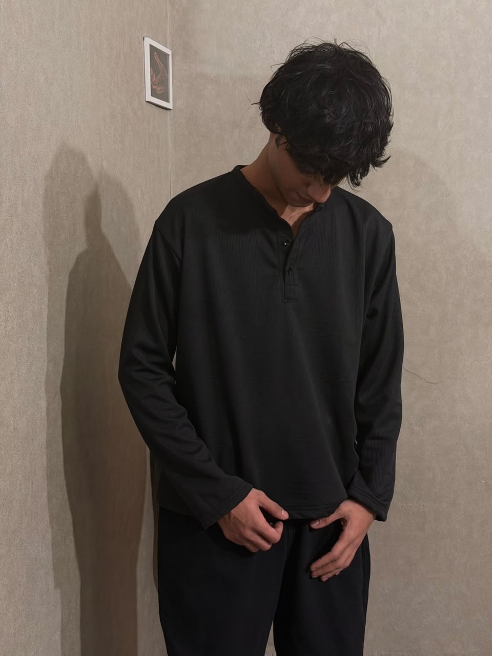 Black Waffle Henley T-Shirt for Men – Oversized Boxy Fit