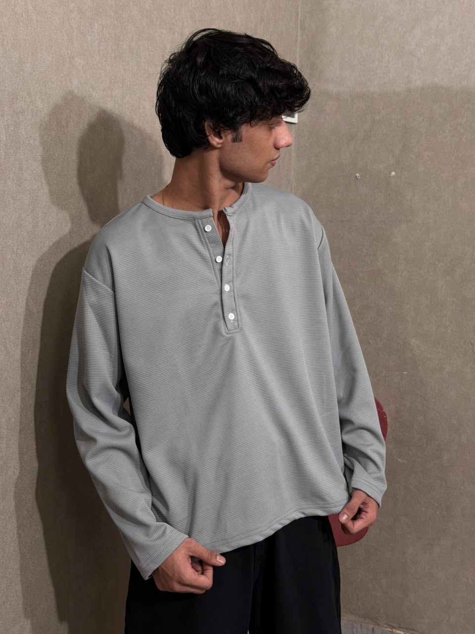 Dark Grey Waffle Henley T-Shirt - Oversized Boxy Fit