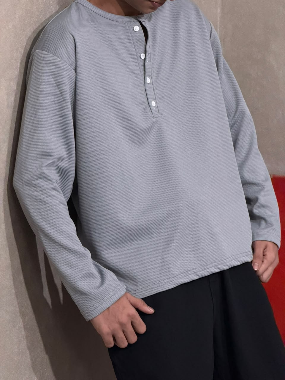 Dark Grey Waffle Henley T-Shirt - Oversized Boxy Fit