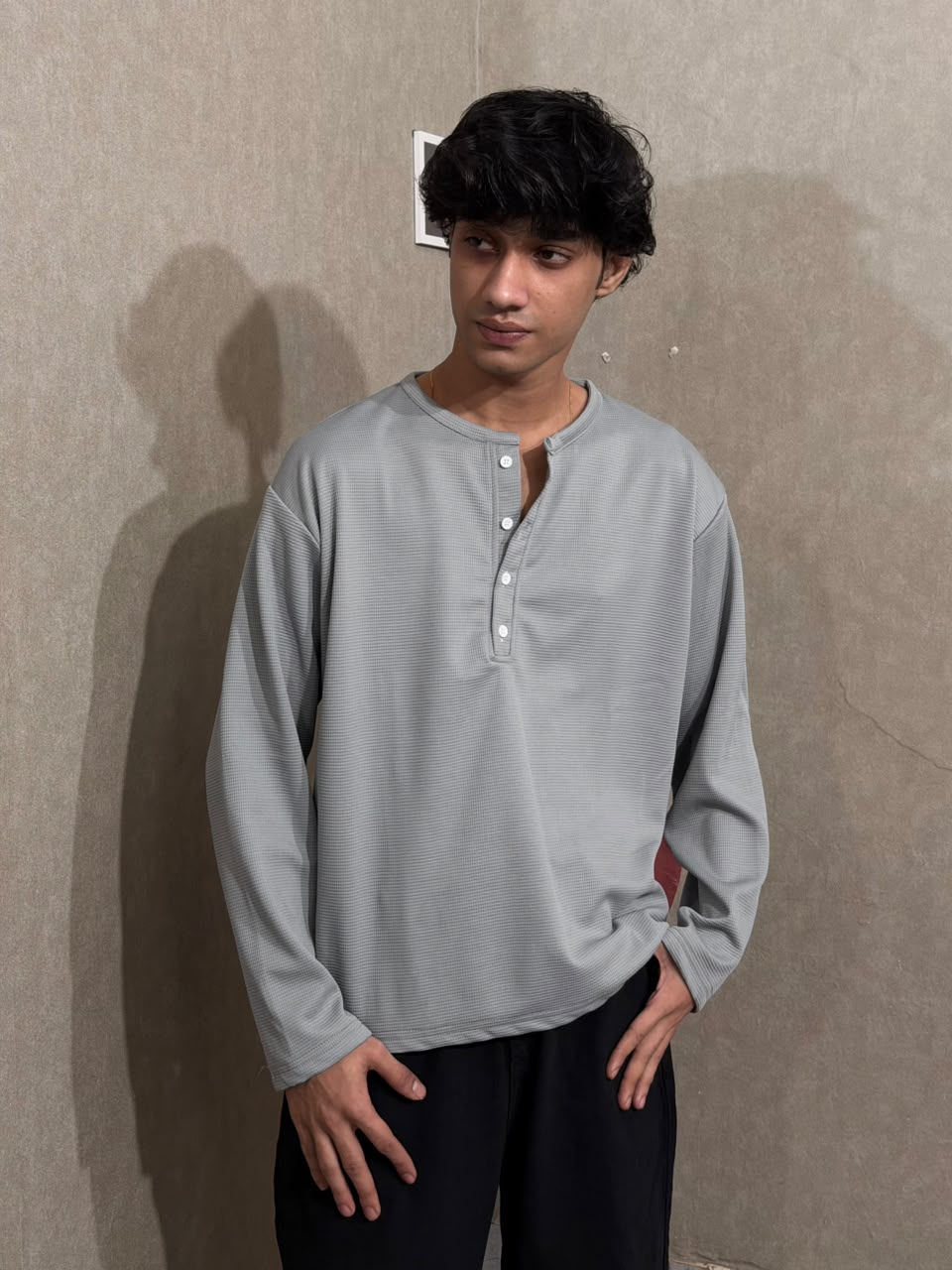 Dark Grey Waffle Henley T-Shirt - Oversized Boxy Fit