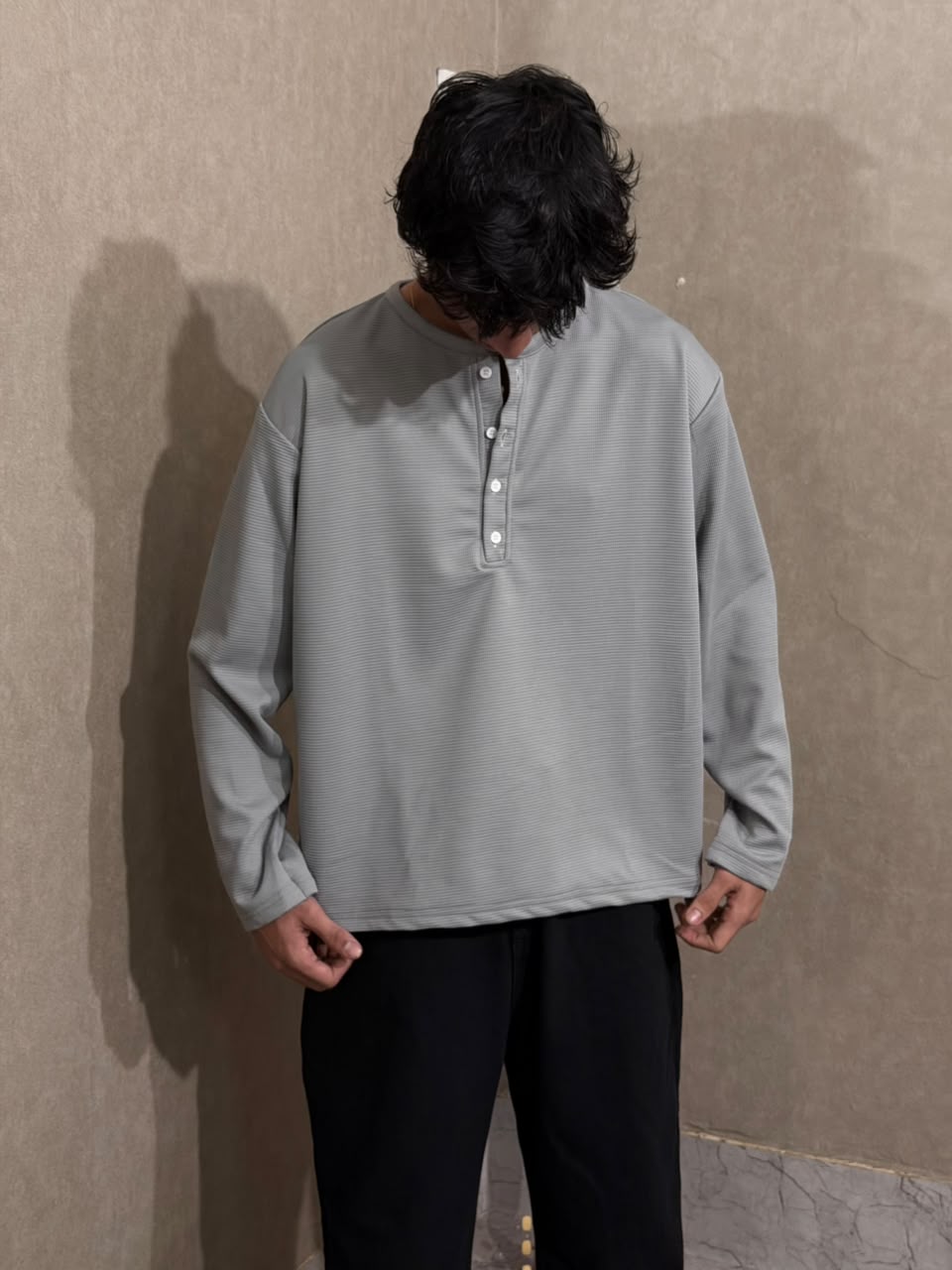 Dark Grey Waffle Henley T-Shirt - Oversized Boxy Fit