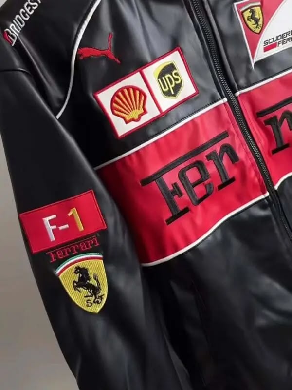 Black F1 Ferrari Leather Embroidered Racing Jacket