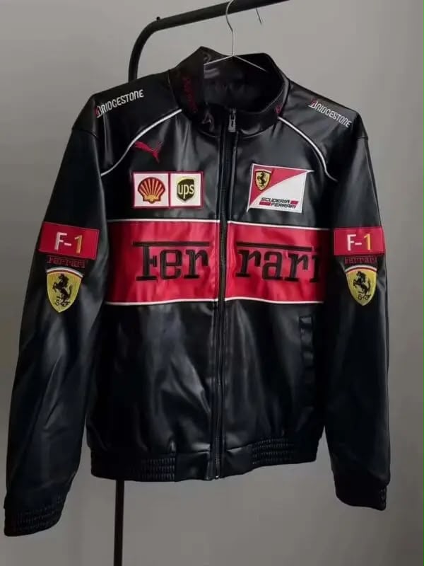 Black F1 Ferrari Leather Embroidered Racing Jacket