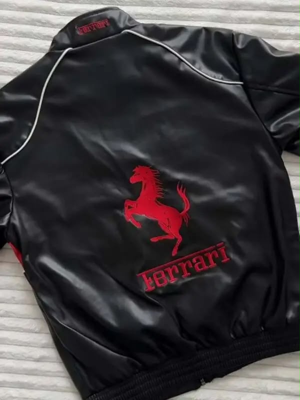 Black F1 Ferrari Leather Embroidered Racing Jacket
