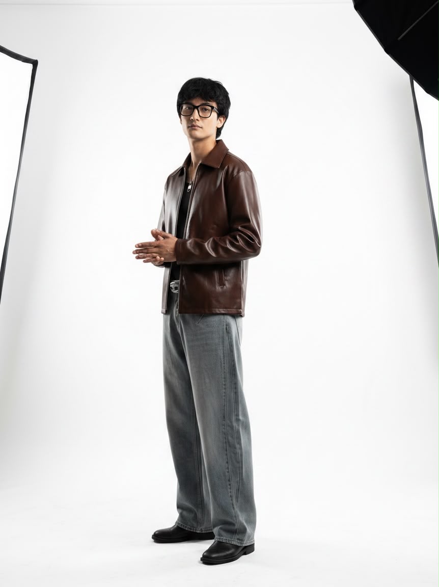 Brown Boxy Fit Synthetic Leather Jacket