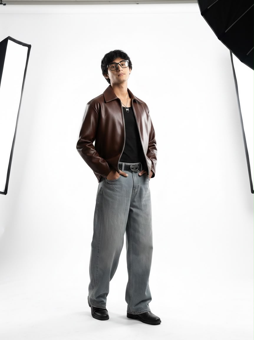 Brown Boxy Fit Synthetic Leather Jacket