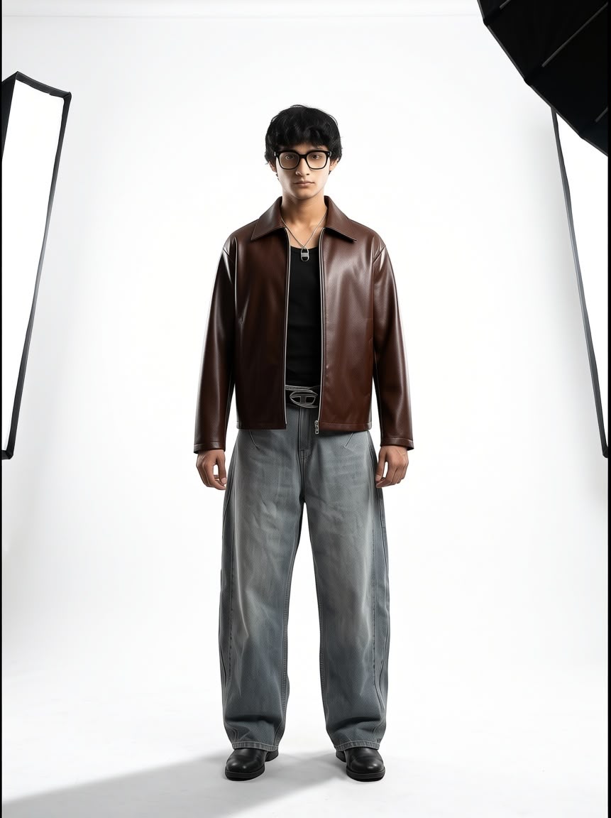 Brown Boxy Fit Synthetic Leather Jacket