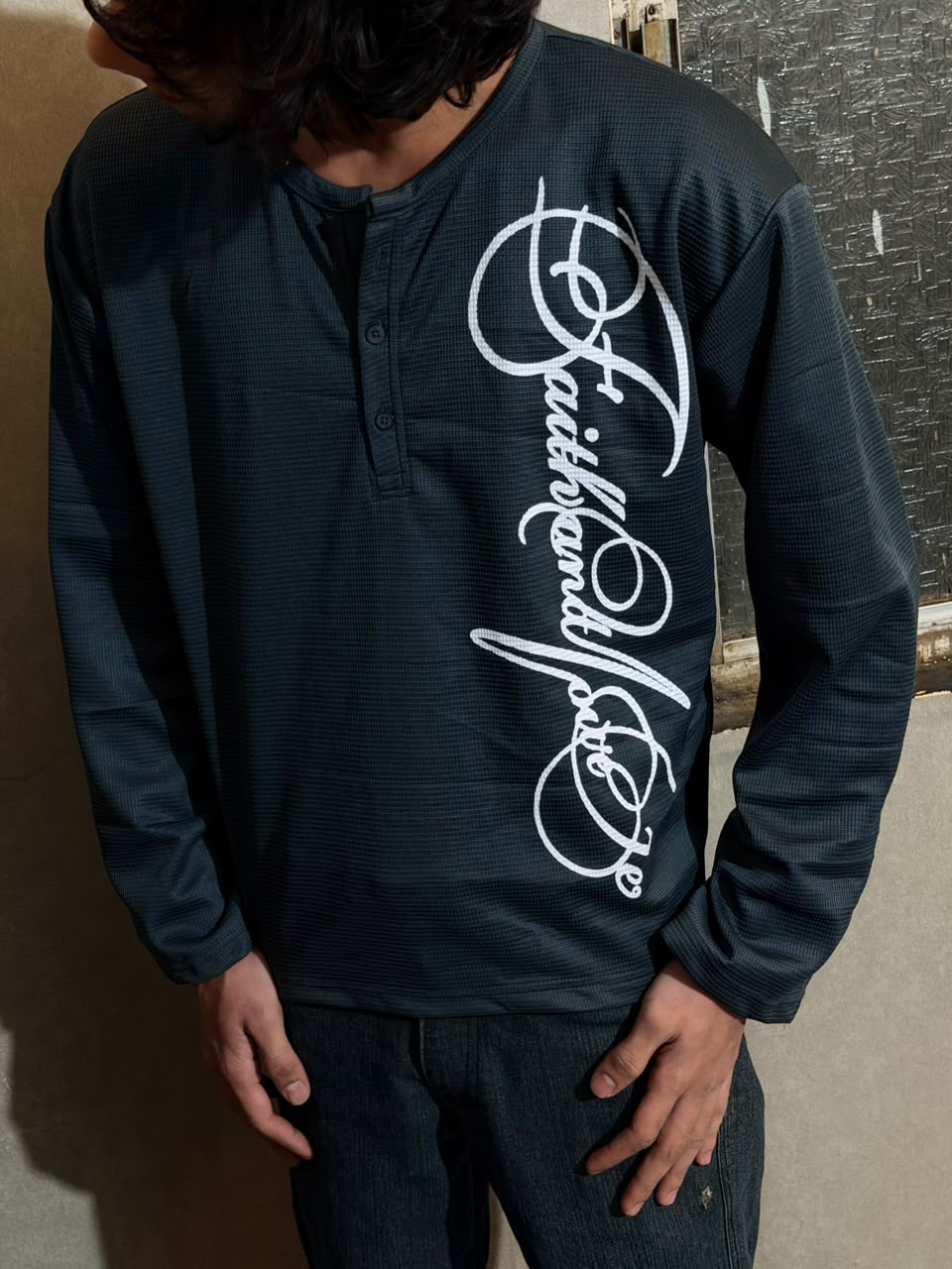 Dark Grey Signature Print Waffle Henley