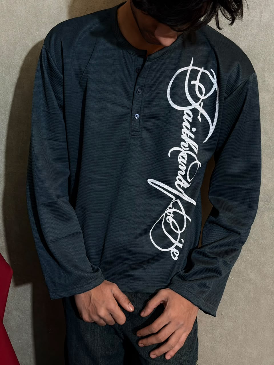 Dark Grey Signature Print Waffle Henley