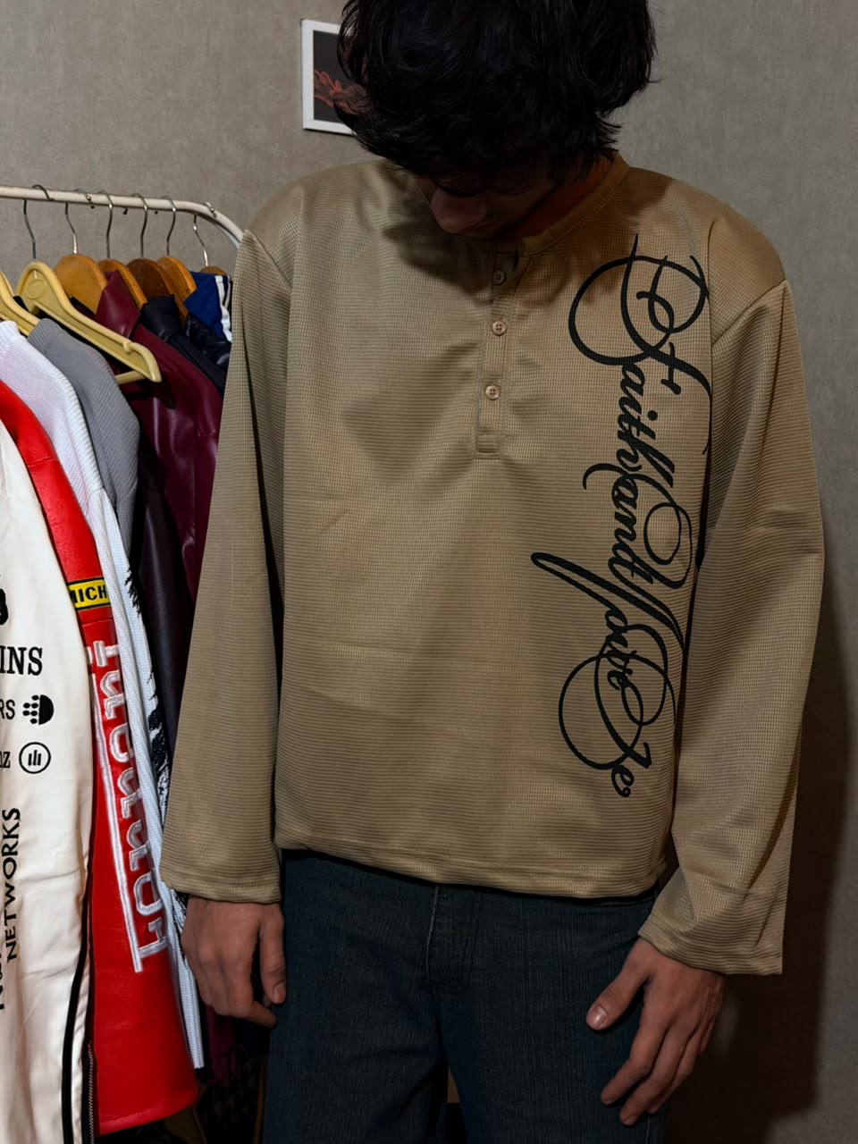 Beige Signature Print Waffle Henley