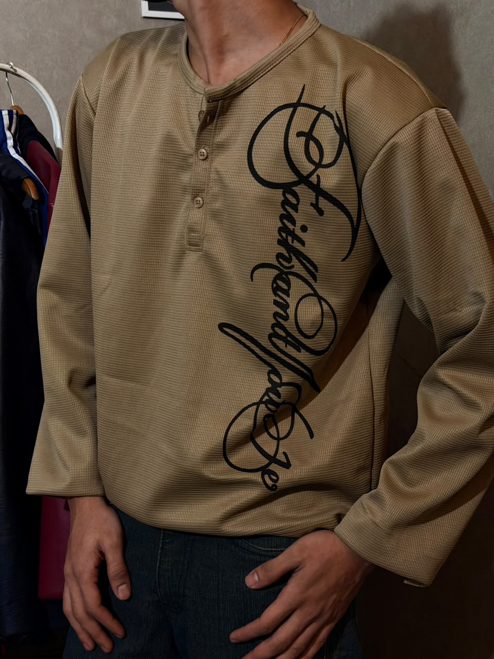 Beige Signature Print Waffle Henley