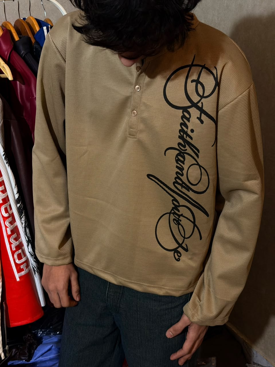 Beige Signature Print Waffle Henley