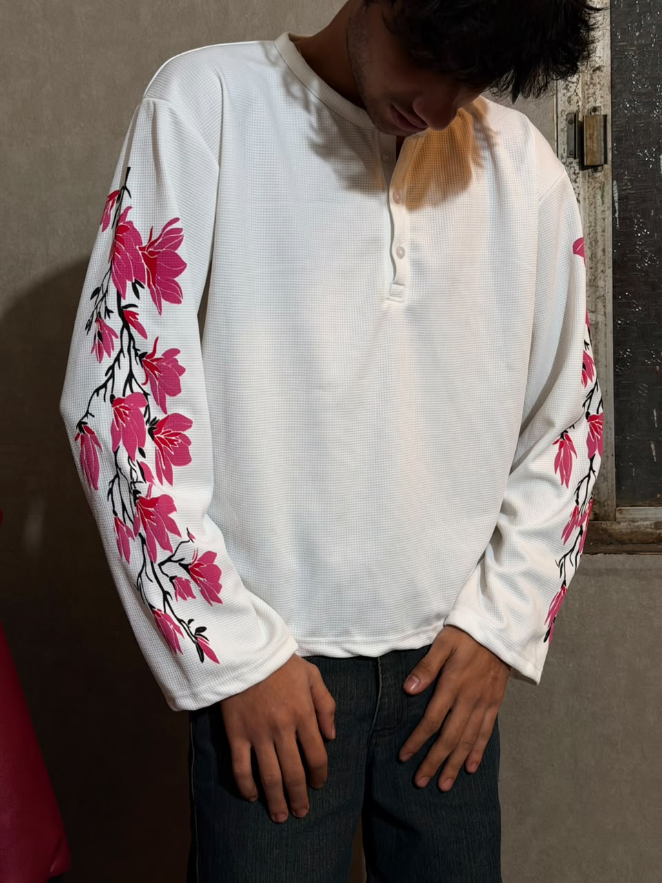 White Floral Waffle Henley T-Shirt