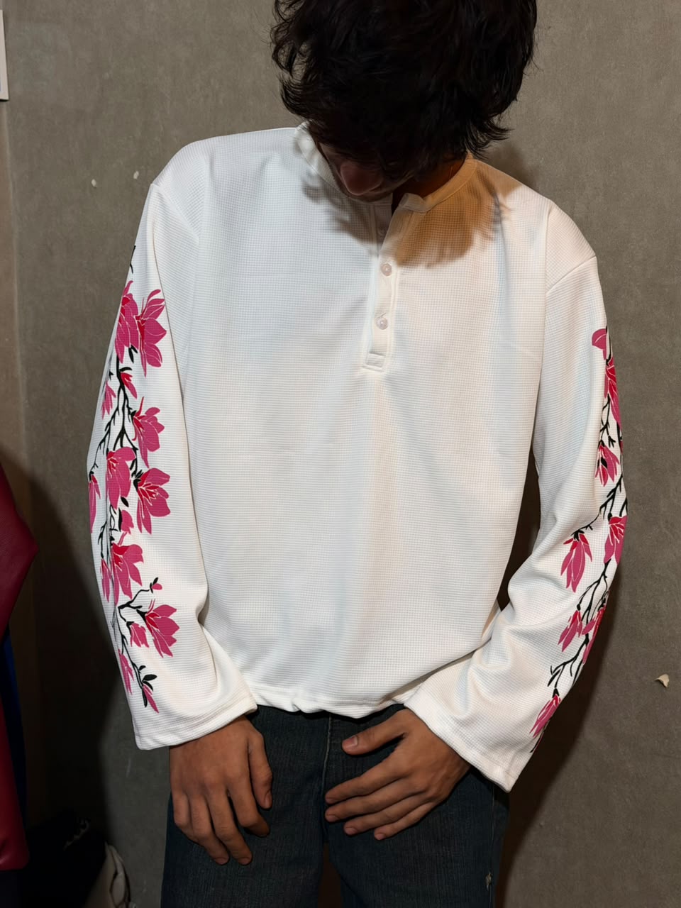 White Floral Waffle Henley T-Shirt