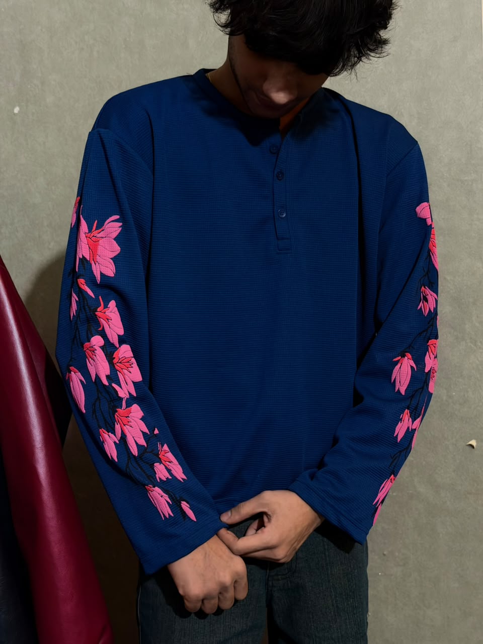 Blue Floral Waffle Henley T-Shirt