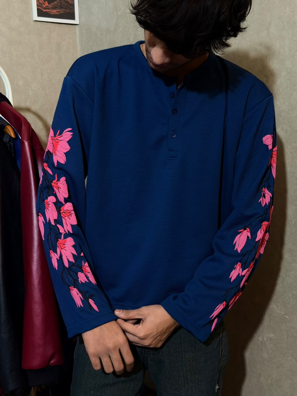 Blue Floral Waffle Henley T-Shirt