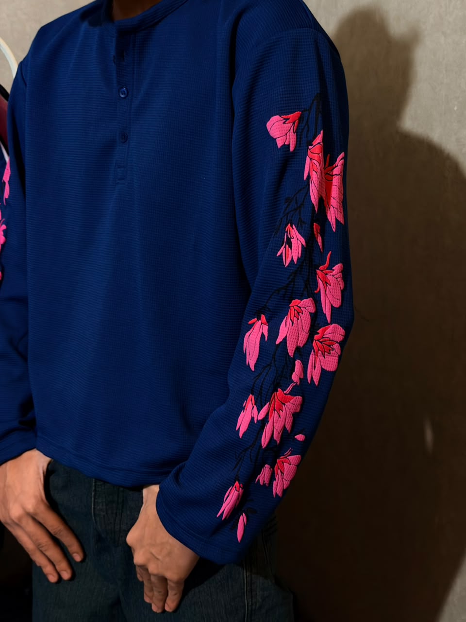 Blue Floral Waffle Henley T-Shirt