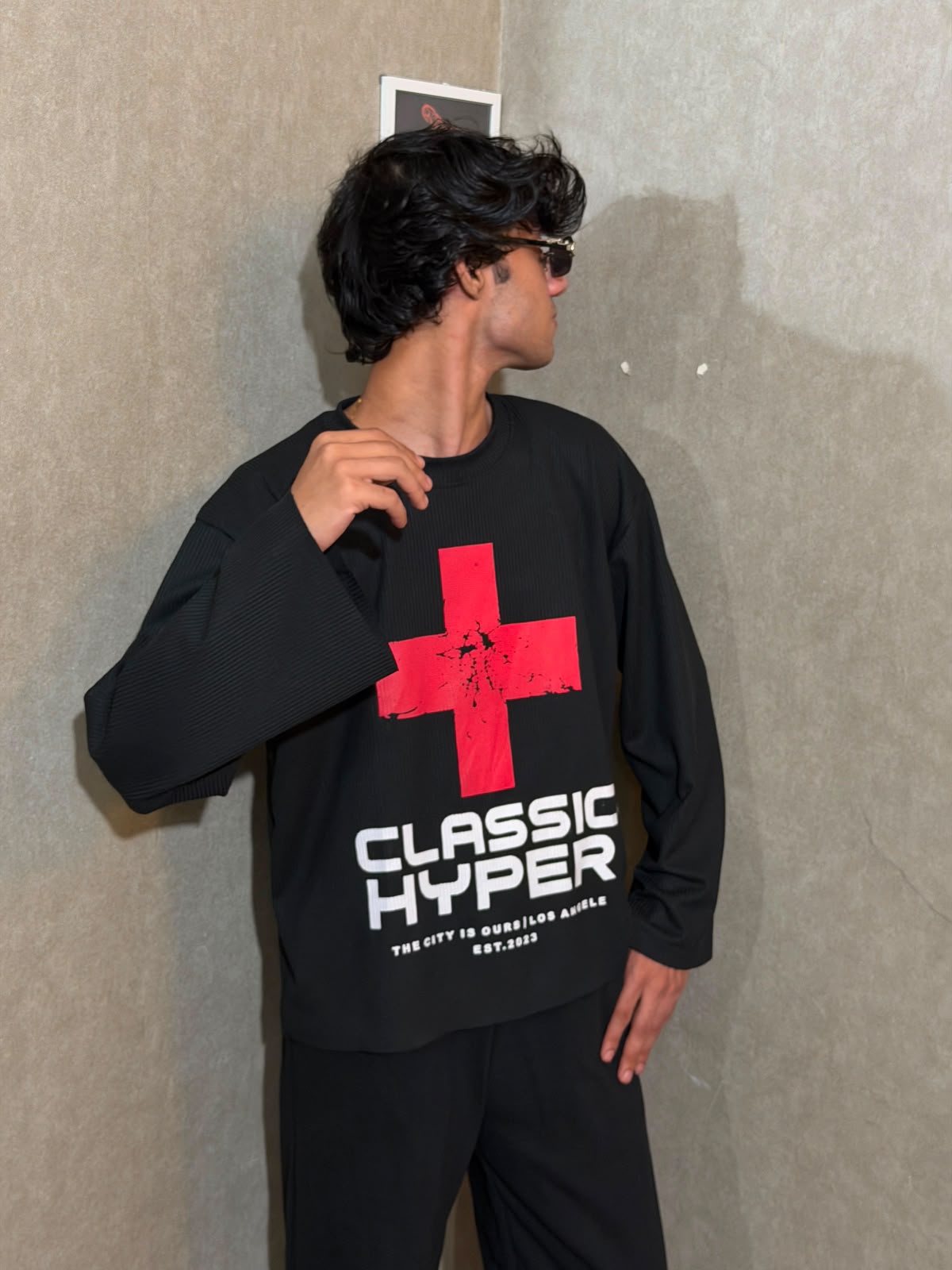 Classic Hyper Black Oversized Waffle Knit Full Sleeve T-Shirt