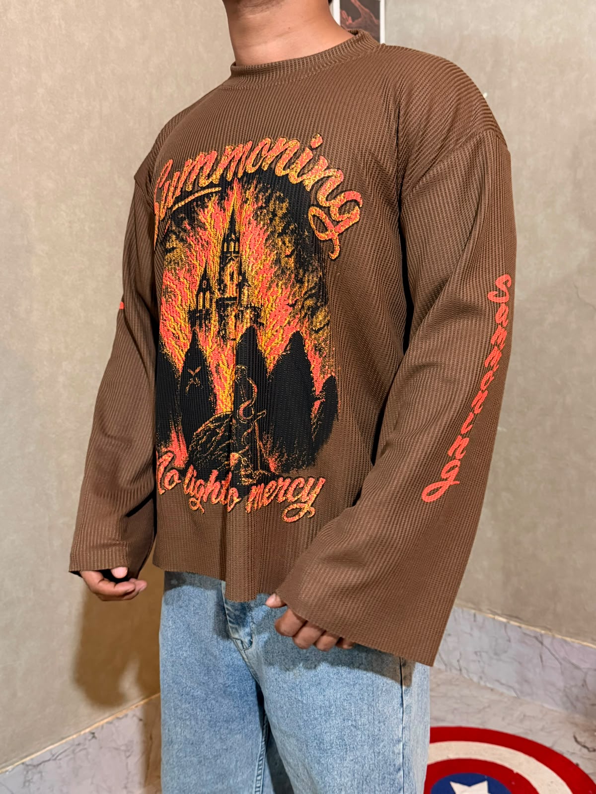 No Light No Life Burgundy Oversized Brown Knit Graphic T-Shirt (Copy)